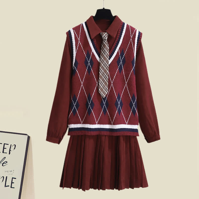 Lapel Tie Pleated Shirt Dress Rhombus Print Vest Set modakawa