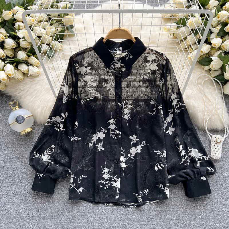 Floral Embroidery Puff Sleeve Chiffon Shirt modakawa