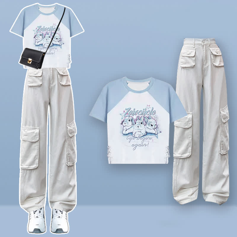 Rabbit Letter Print T-Shirt Pocketed Cargo Pants modakawa