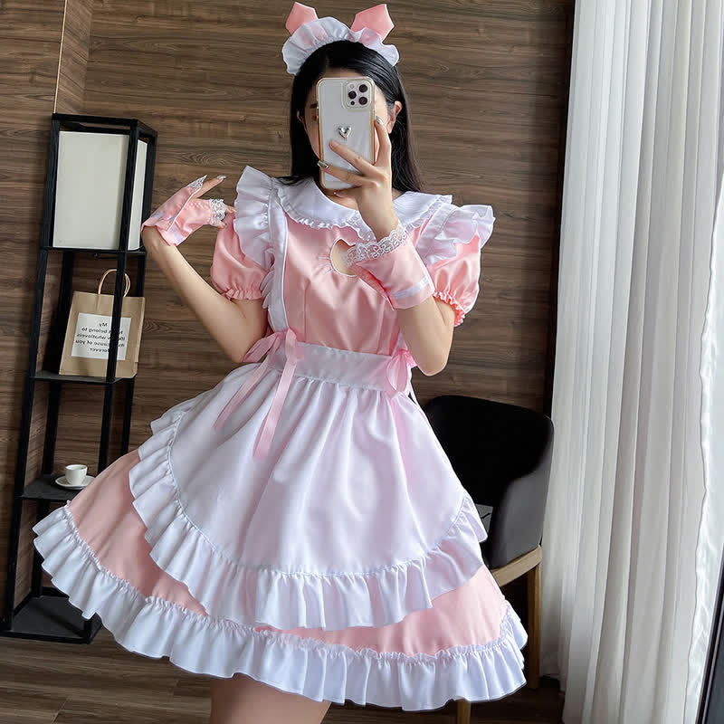 Lolita Doll Collar Kitty Hollow Out Ruffled Maid Dress Modakawa