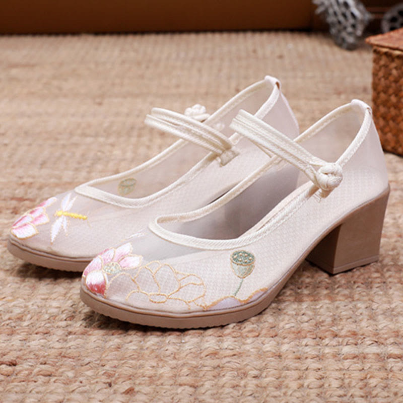 Floral Embroidery Chunky Heel Mesh Shoes modakawa