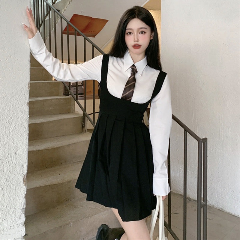 White Shirt Pleated Suspender Skirts Tie Set Modakawa