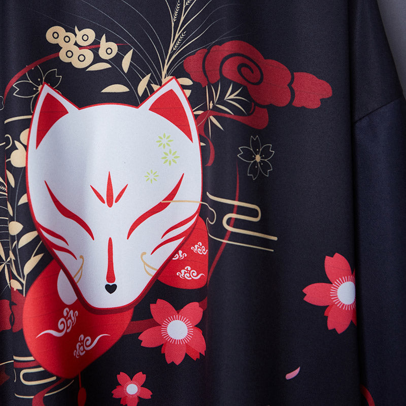 Charming Sakura Fox Print Kimono Outerwear Modakawa