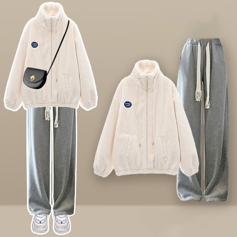 Zipper Pocket Plush Outerwear Grey Pants Set modakawa