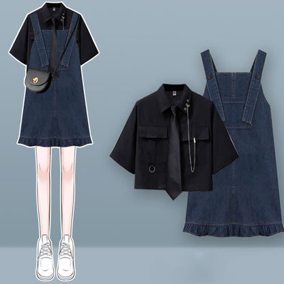 Pocket Lapel Tie T-Shirt Denim Overall Dress Set modakawa