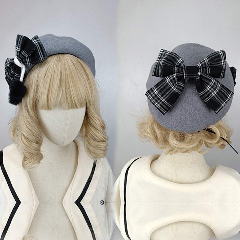 Vintage Bow Knot Plaid Lolita Beret modakawa