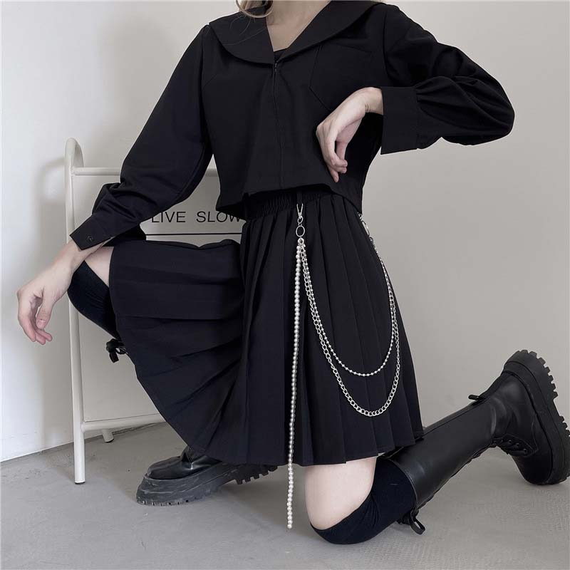 Gothic Chain Pure Color Pleated Skirt modakawa