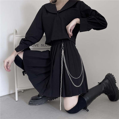 Gothic Chain Pure Color Pleated Skirt modakawa