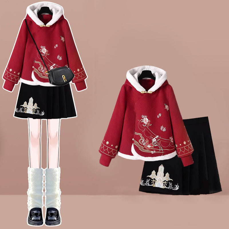 Red Flower Embroideried Hoodie Plush Pleated Skirt Modakawa