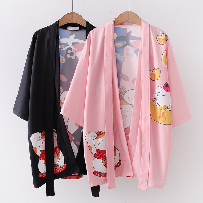 Lucky Cat Letter Print Cardigan Kimono Outerwear modakawa