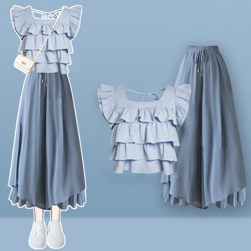 Sqaure Collar Lace Up Layered Top Blue Pantskirt modakawa