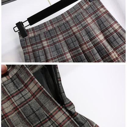 Elegant Doll Collar Knit Sweater Plaid Print Pleated Skirt modakawa