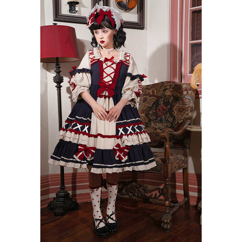 Red Bow Knot Decor Lace Up Lolita Dress modakawa