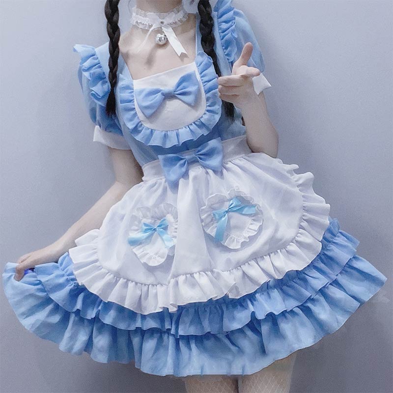 Kawaii Blue Lace Up Bow Maid Lolita Dress Modakawa