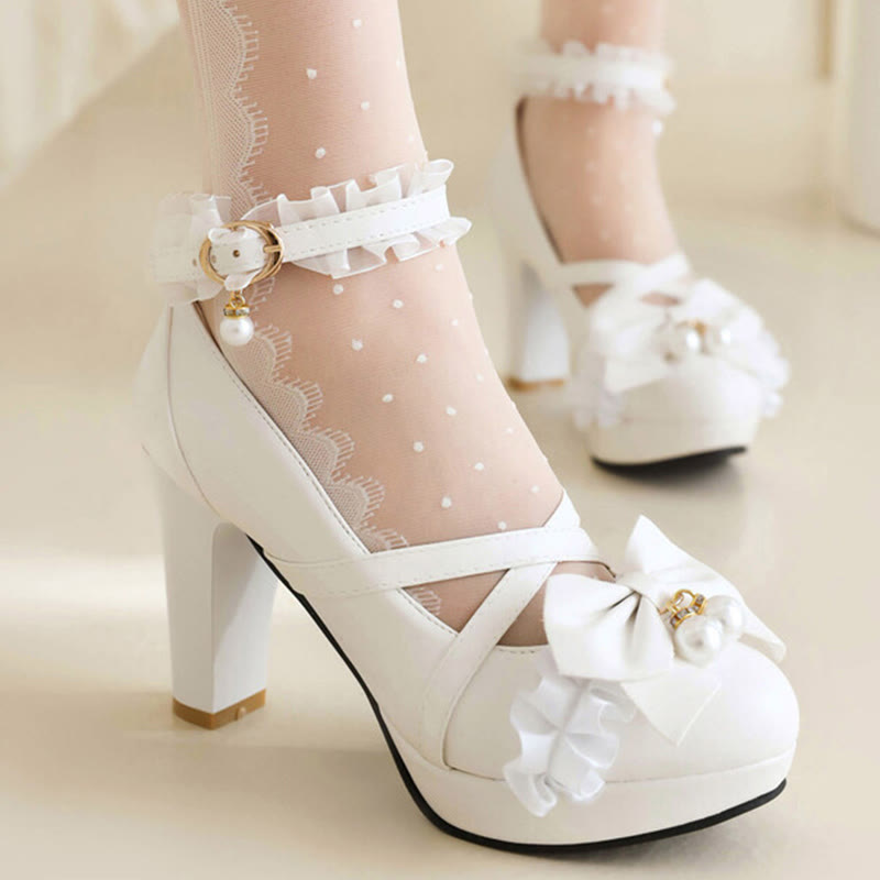 Sweet Bow Decor Lace Chunk Heel Sandals modakawa