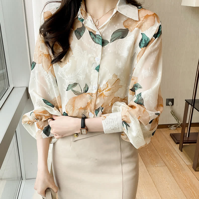 Sweet Floral Puff Sleeve Lapel Chiffon Shirt modakawa