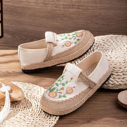 Vintage Embroidery Floral Canvas Flats Shoes Modakawa