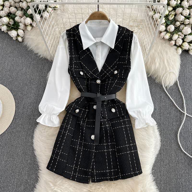 Lattice Print Belted Vest Long Sleeve Shirt Set modakawa