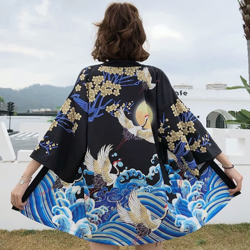 Fashion Crane Blossom Print Cardigan Outerwear modakawa