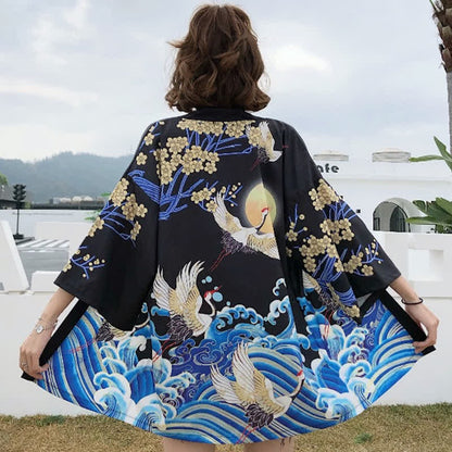 Fashion Crane Blossom Print Cardigan Outerwear modakawa