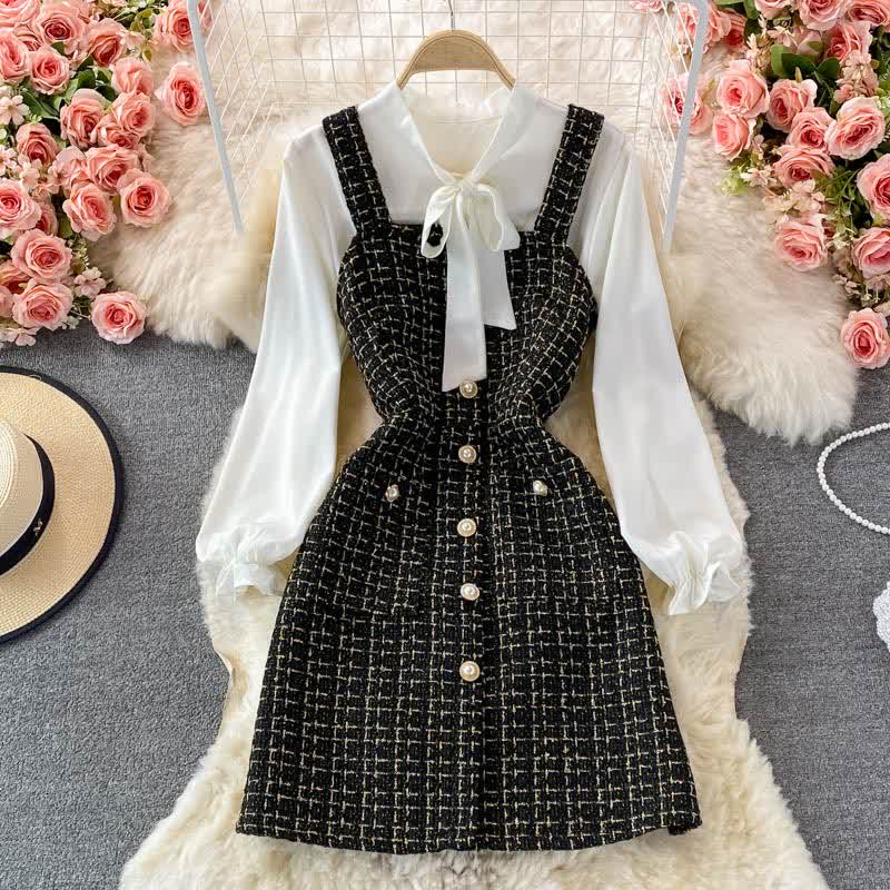 Elegant Plaid Slip Dress Lace Up Shirt Set modakawa