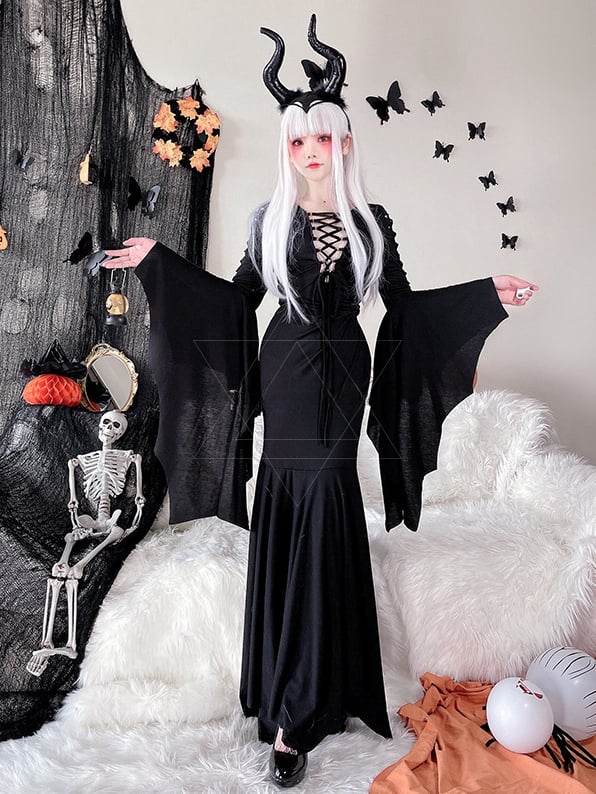 Halloween Costume Black Wide Bat Sleeves Witch Dress mySite