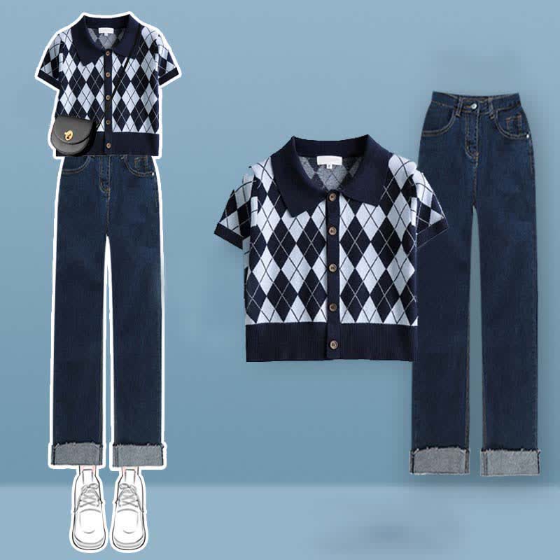 Rhombus Pattern Crop Top T-Shirt Denim Pants Set modakawa