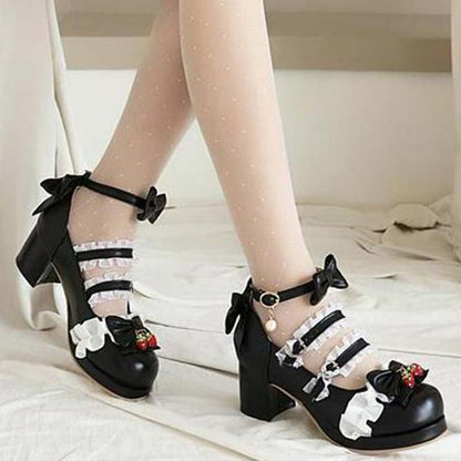 Kawaii Lace Bow Lolita Kitten Heel Mary Janes Shoes Modakawa