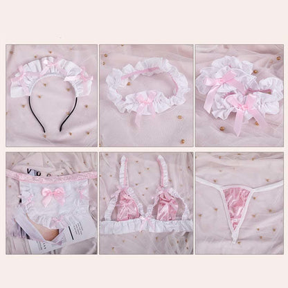 Pink Maid Bow Knot Lace Hollow Out Bikini Lingerie Modakawa