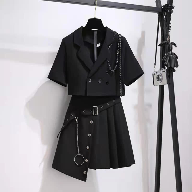 Black Chain Lapel Crop Blazer Irregular Belted Pleated Skirt modakawa