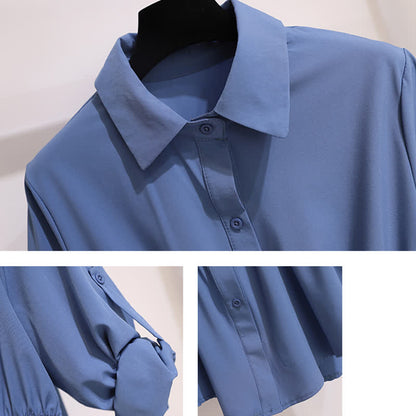 Blue Lapel Chiffon Shirt Flared Split Pants modakawa