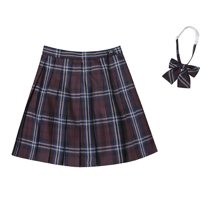 Plaid Print Pleated Skirt Bow Tie Set Modakawa