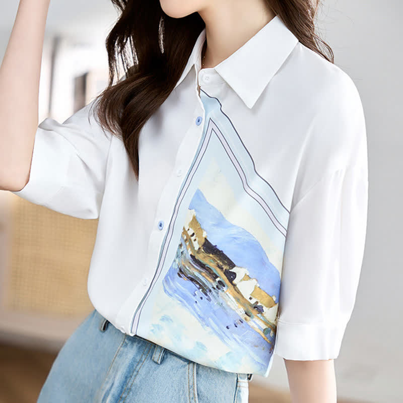 White Irregular Painting Print Chiffon Lapel Shirt modakawa