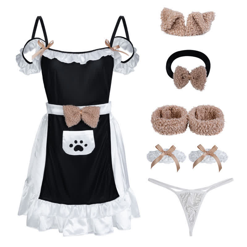 Plush Bow Knot Kitty Claw Pocket Maid Dress Lingerie Set Modakawa