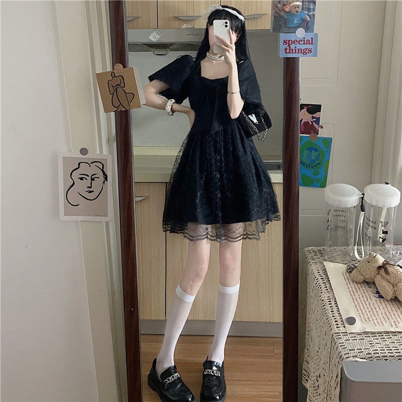 Black Lace Bow Knot Square Collar Tulle Dress modakawa