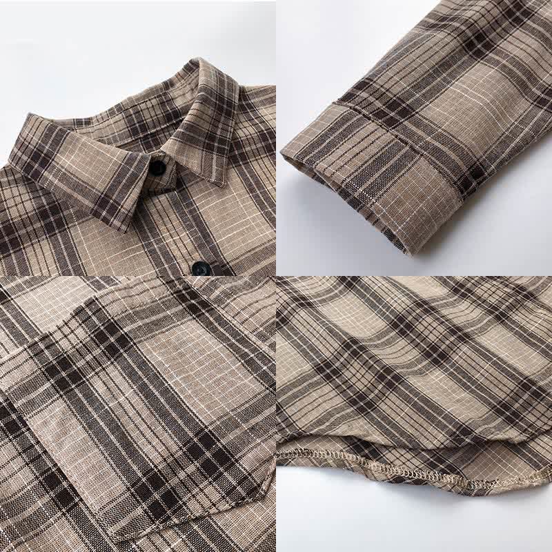 Plaid Print Pocket Lapel Loose Shirt modakawa