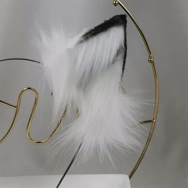 White Furry Fox Ears Tail Headband Accessory Modakawa