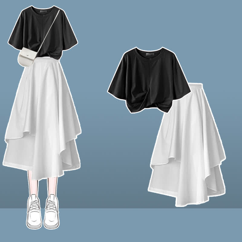 Bow Round Collar Bowknot Crop T-Shirt Irregular Skirt modakawa