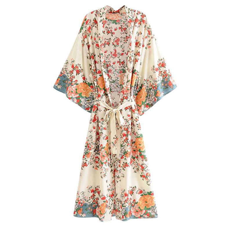 Boho Beach Print Belt Robe Long Cardigan Outerwear modakawa