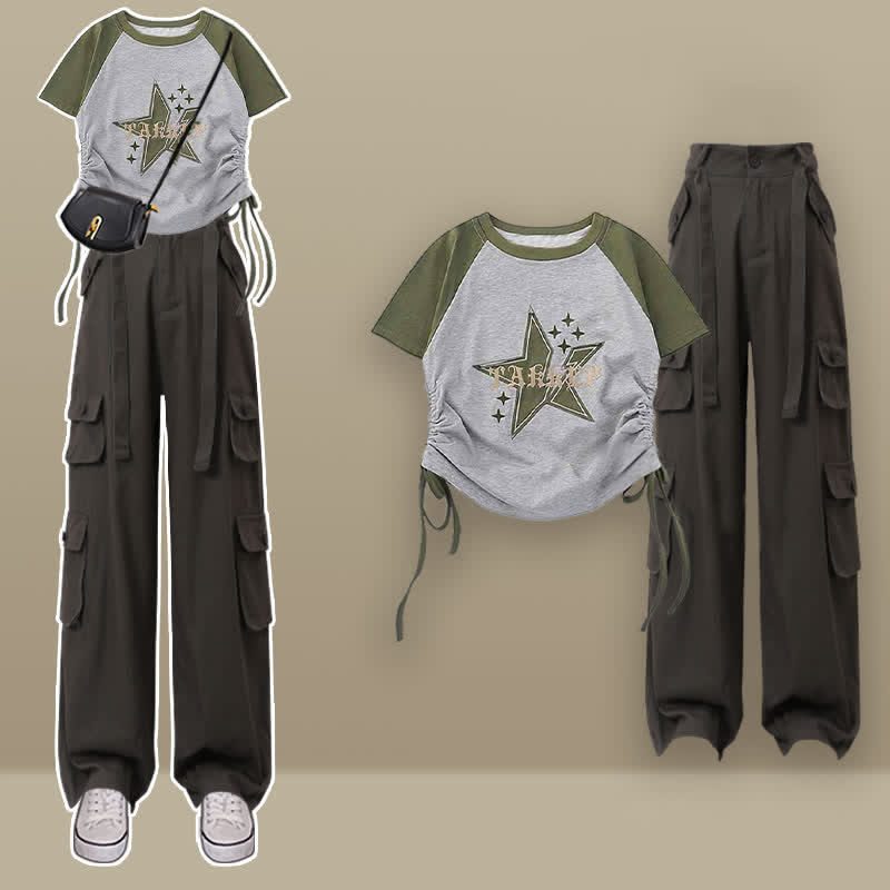 Green Colorblock Star Letter Crop Top T-Shirt Cargo Pants modakawa