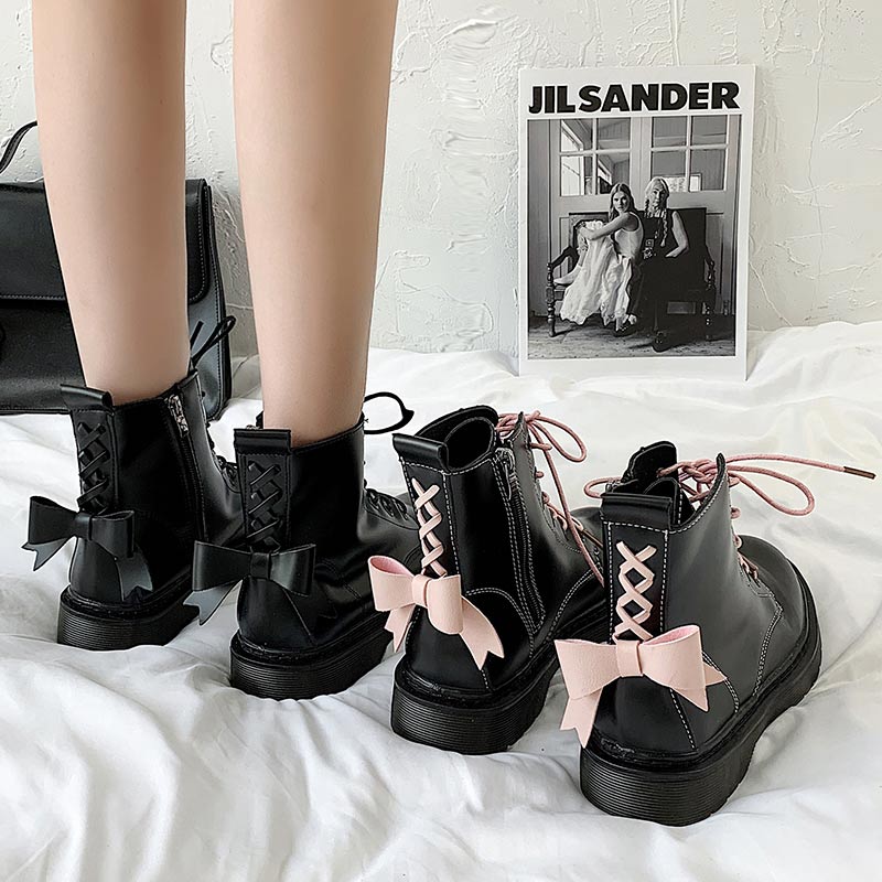 Sweet Bow Tie Lolita Flat Platform Boots Modakawa