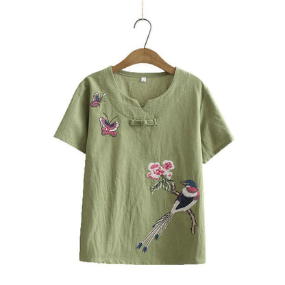 Vintage Bird Embroidery Buckle T-Shirt Pants Set modakawa