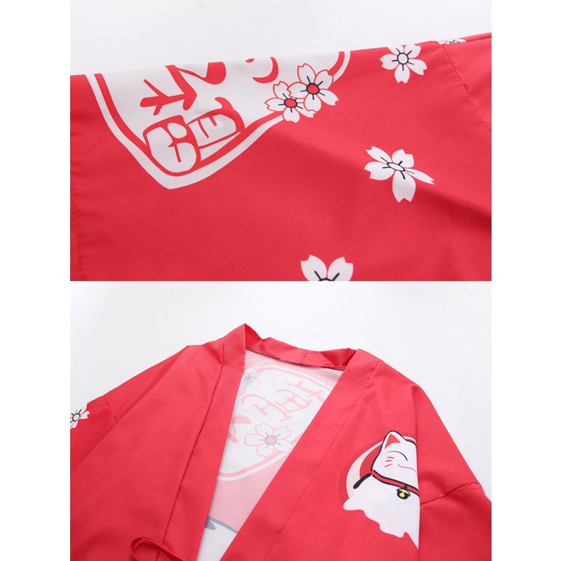 Charming Lucky Cat Sakura Print Loose Outerwear Kimono Modakawa