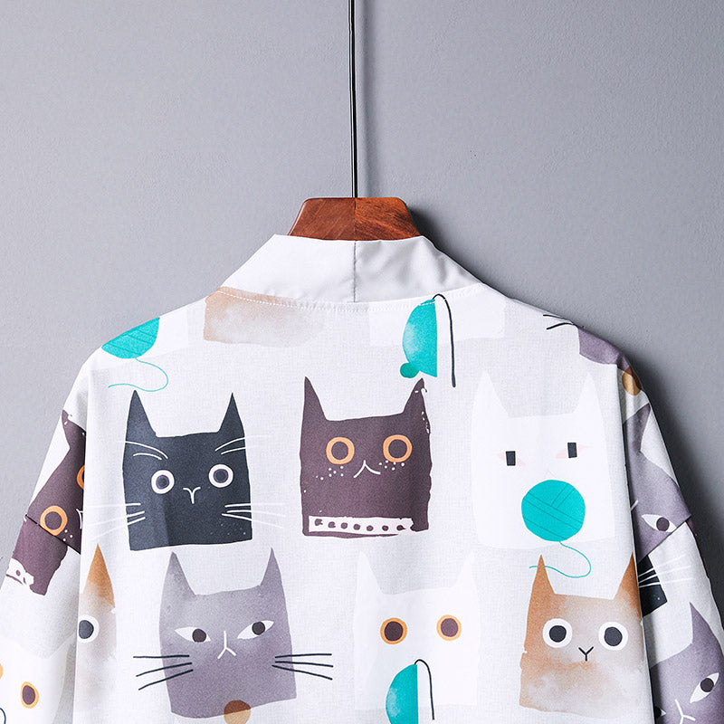 Cartoon White Cat Print Kimono Outerwear modakawa