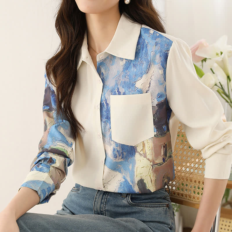 Irregular Printing Chiffon Pocket Lapel Shirt modakawa