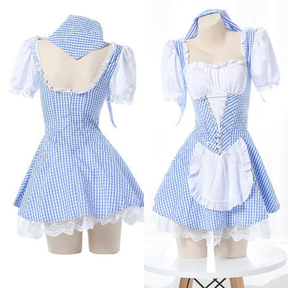 Sweet Kawaii Lattice Print Lace Up Maid Dress Modakawa