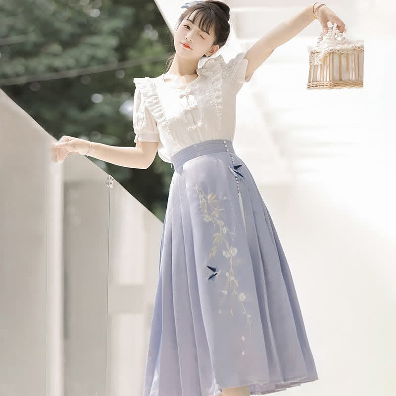 Sweet Buckle T-Shirt Embroidery Tassel Pleated Skirt modakawa