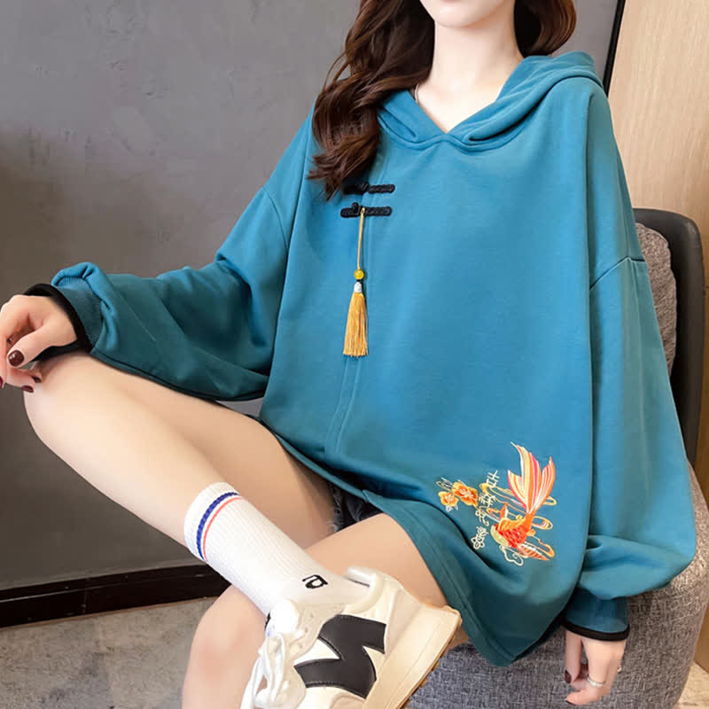 Floral Carp Embroidery Buckle Tassel Loose Hoodie modakawa