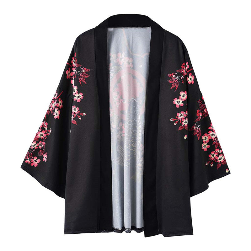 Black Fish Floral Kimono Outerwear Sun Protective modakawa