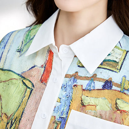 Colorblock Painting Print Pocket Lapel Shirt modakawa